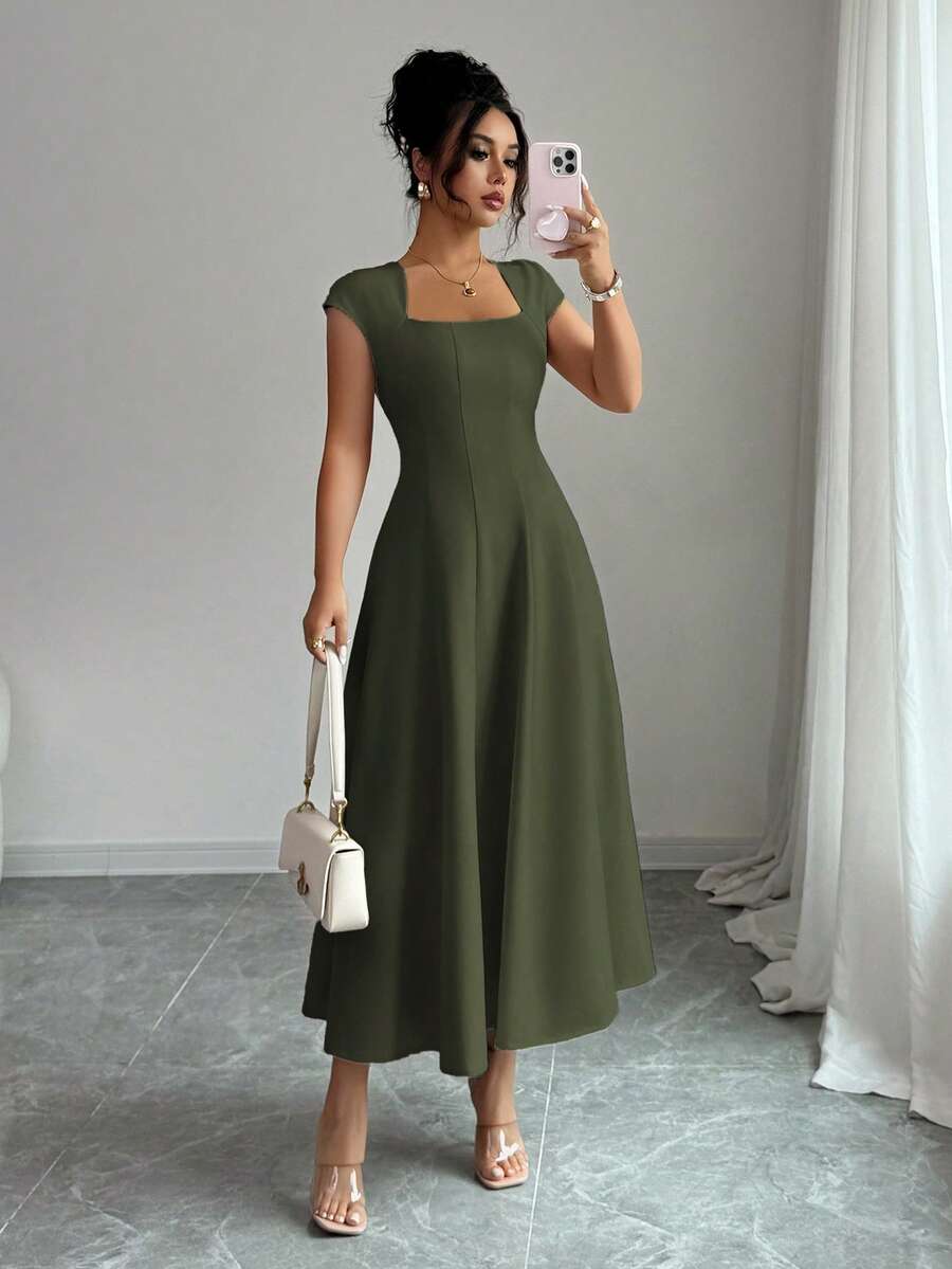 Elenzga Women's Elegant Solid Color Square Neck Waist Tie Splice A-Line Short Sleeve Midi Dress, Suitable For Commuting, Beach, Vacation, Music Festival, Beer Festival In Spring And Summer