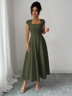 Elenzga Women's Elegant Solid Color Square Neck Waist Tie Splice A-Line Short Sleeve Midi Dress, Suitable For Commuting, Beach, Vacation, Music Festival, Beer Festival In Spring And Summer