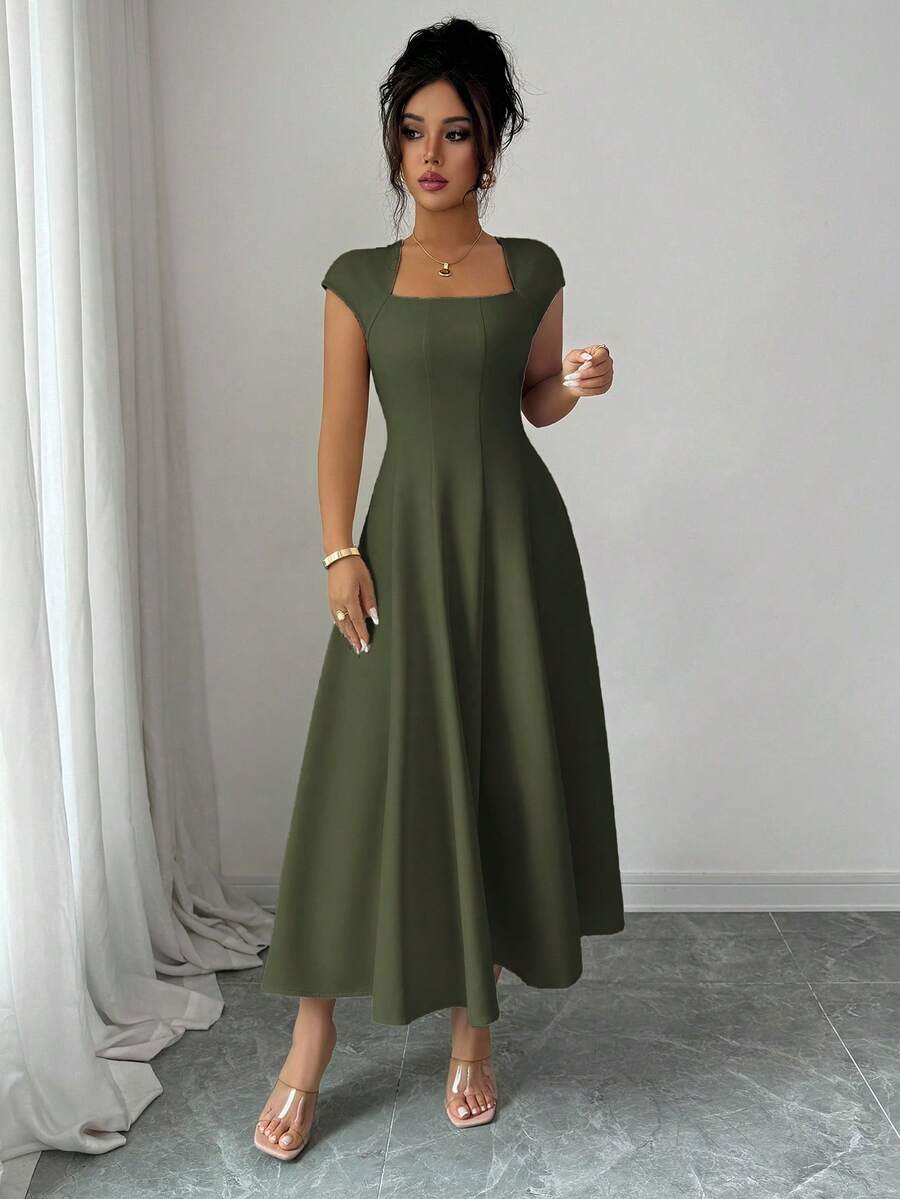Elenzga Women's Elegant Solid Color Square Neck Waist Tie Splice A-Line Short Sleeve Midi Dress, Suitable For Commuting, Beach, Vacation, Music Festival, Beer Festival In Spring And Summer