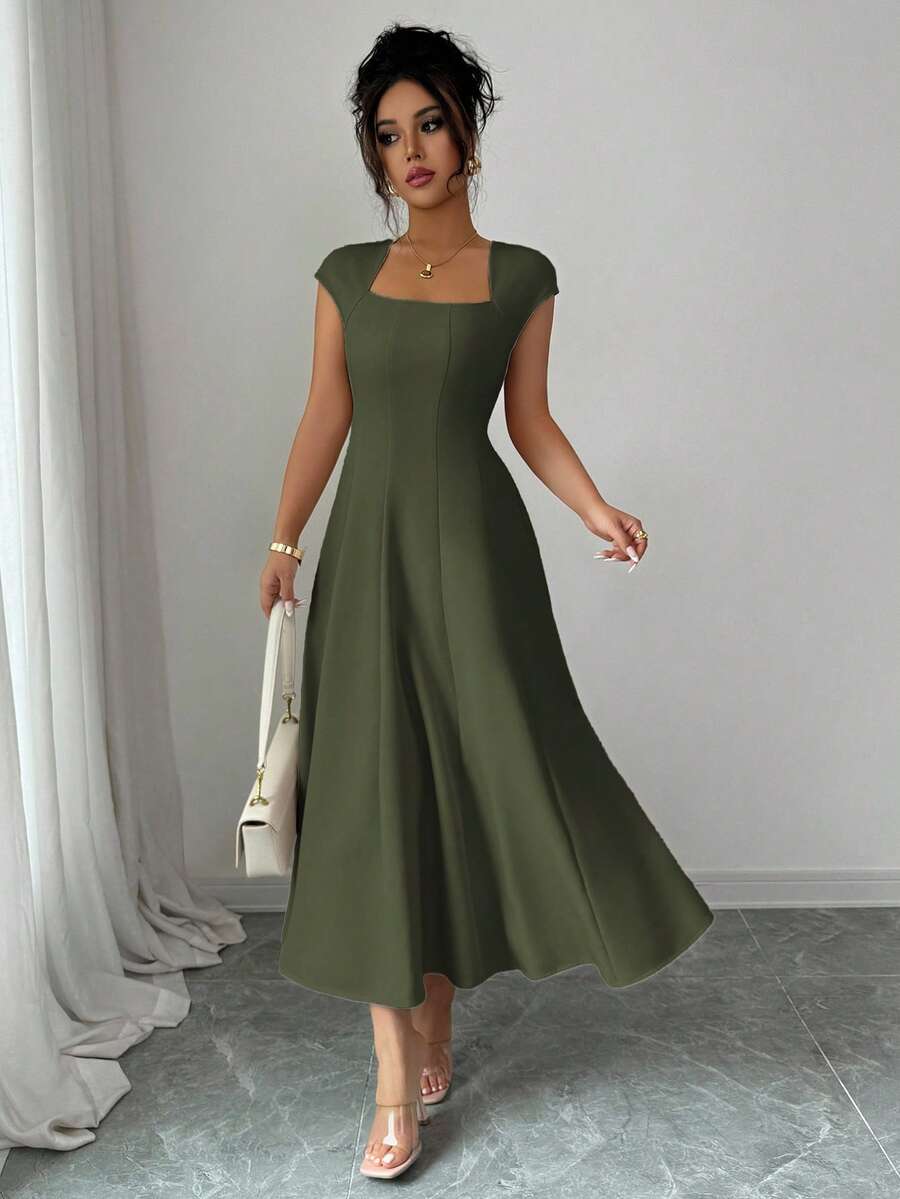 Elenzga Women's Elegant Solid Color Square Neck Waist Tie Splice A-Line Short Sleeve Midi Dress, Suitable For Commuting, Beach, Vacation, Music Festival, Beer Festival In Spring And Summer