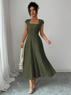 Elenzga Women's Elegant Solid Color Square Neck Waist Tie Splice A-Line Short Sleeve Midi Dress, Suitable For Commuting, Beach, Vacation, Music Festival, Beer Festival In Spring And Summer