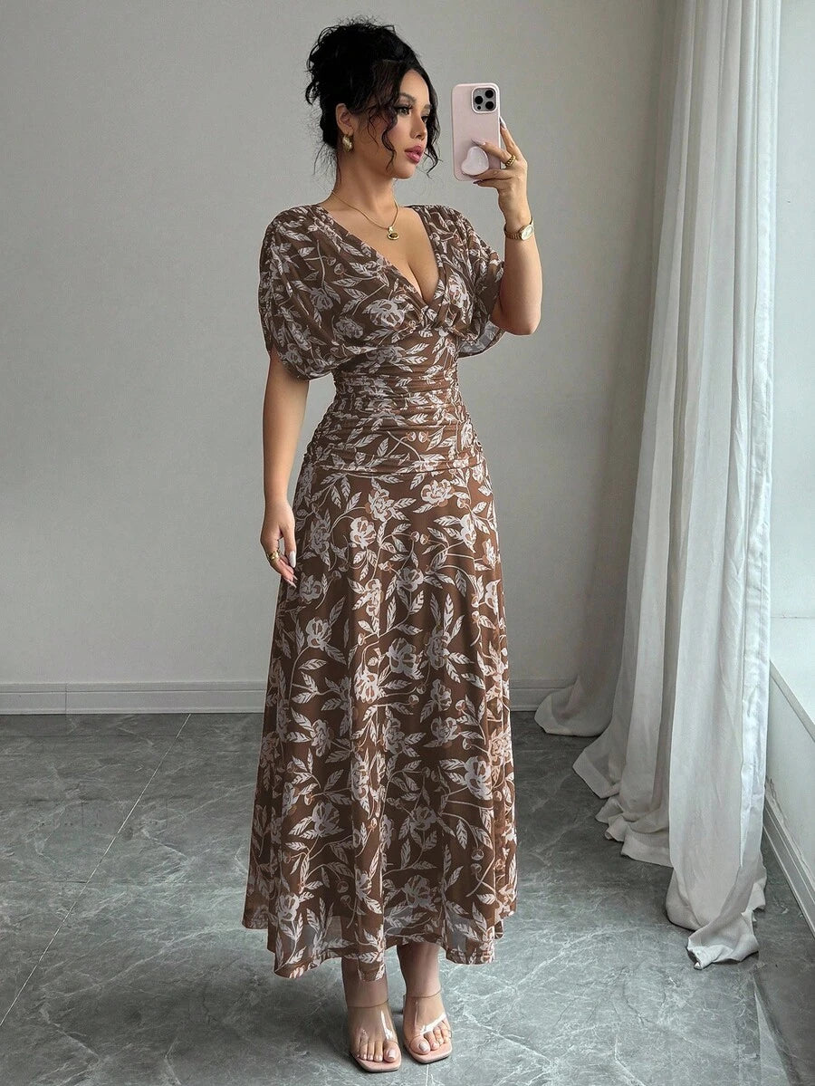 Elenzga Women's Elegant French Style Vacation Loose V-Neck Drop Shoulder Ruched A-Line Maxi Dress, Suitable For Beach, Afternoon Tea, Party
