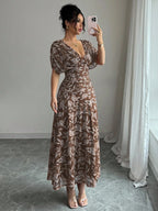 Elenzga Women's Elegant French Style Vacation Loose V-Neck Drop Shoulder Ruched A-Line Maxi Dress, Suitable For Beach, Afternoon Tea, Party