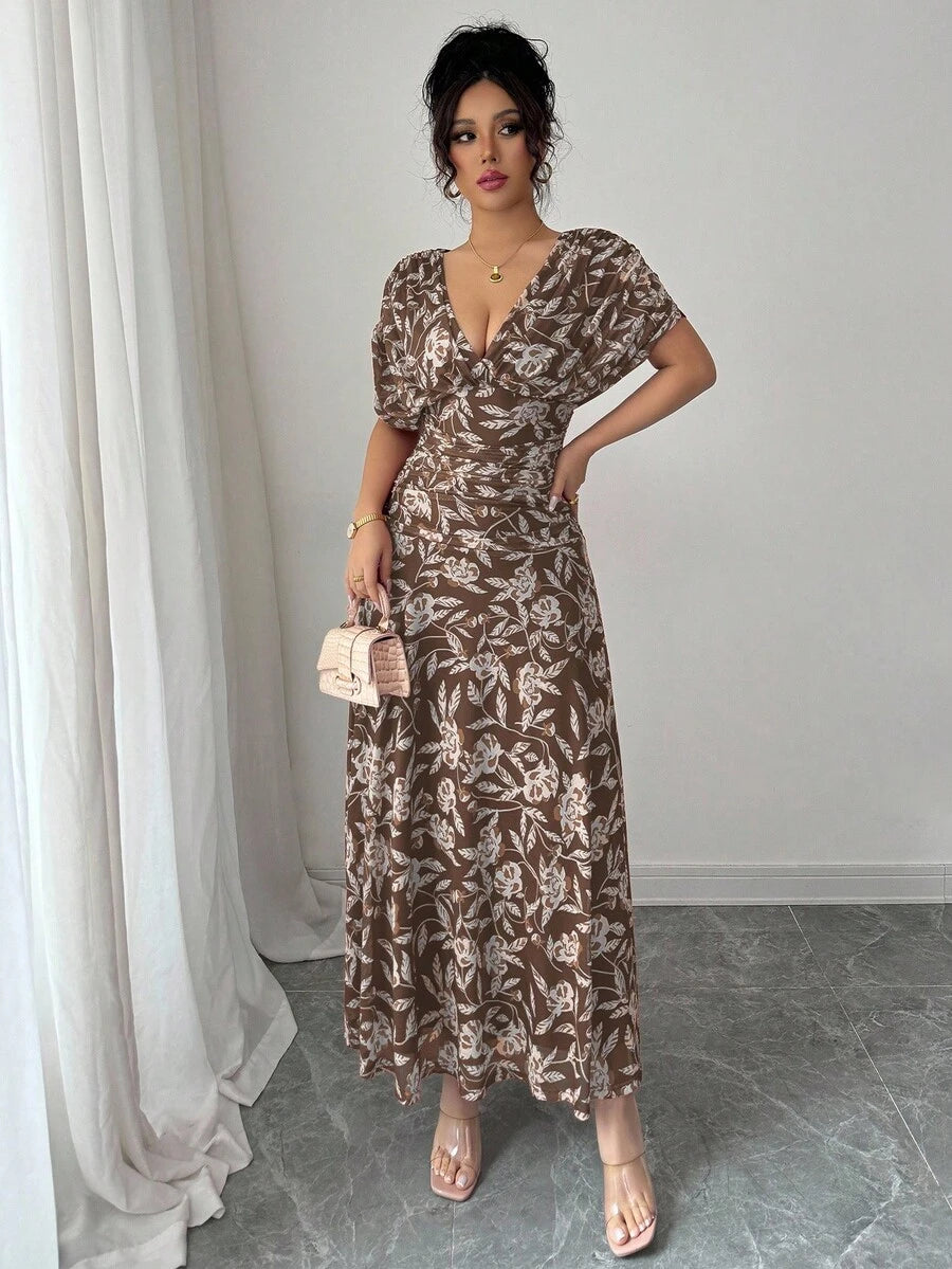 Elenzga Women's Elegant French Style Vacation Loose V-Neck Drop Shoulder Ruched A-Line Maxi Dress, Suitable For Beach, Afternoon Tea, Party