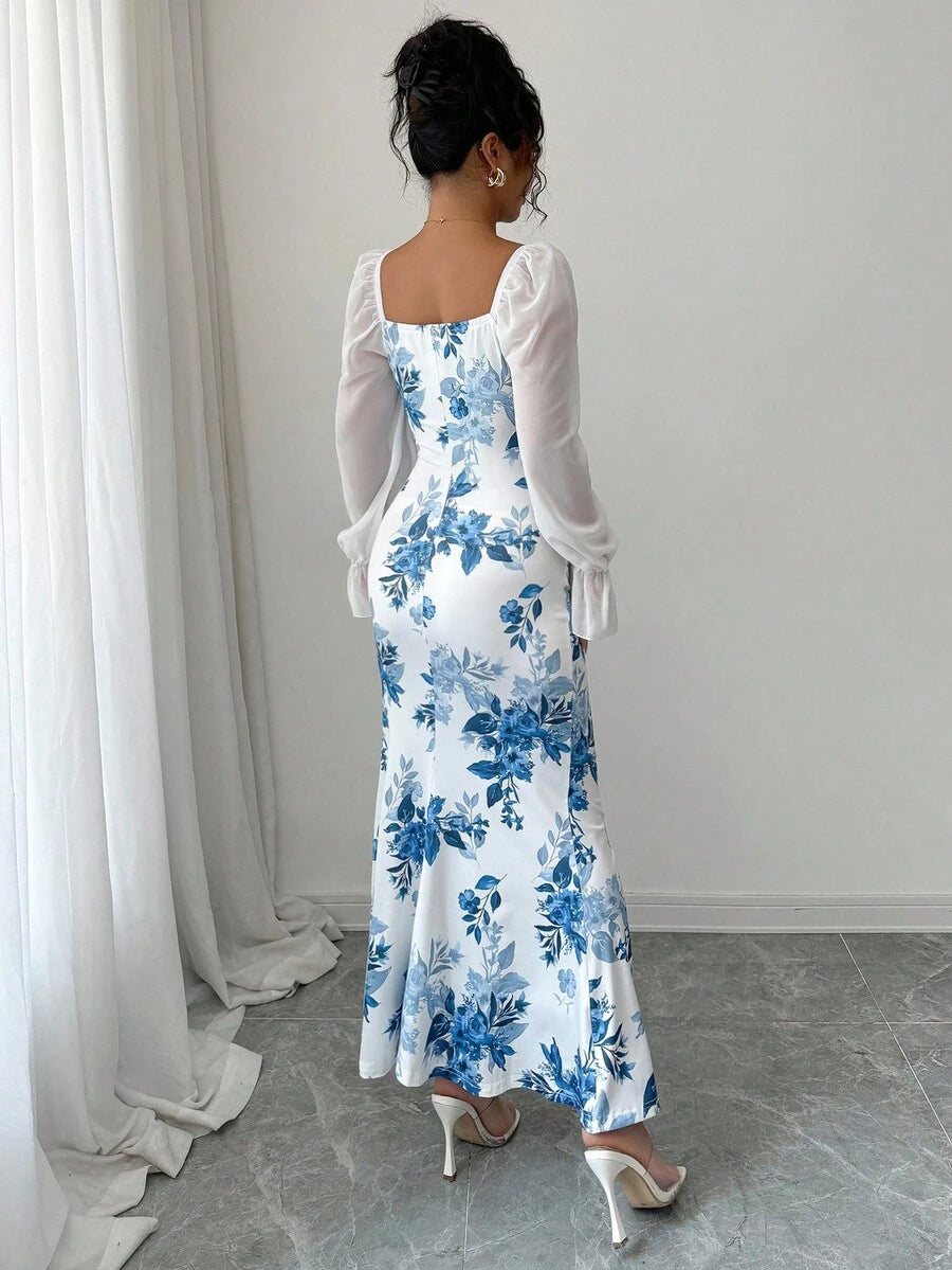 Elenzga New Women's Square Neck Tie Bow Chiffon Puff Sleeve Design Dress, Versatile For Dates, Gatherings, Daily Wear, Waist Cinching, Flattering, Elegant, Youthful, Long Dress For Spring, Summer, Autumn