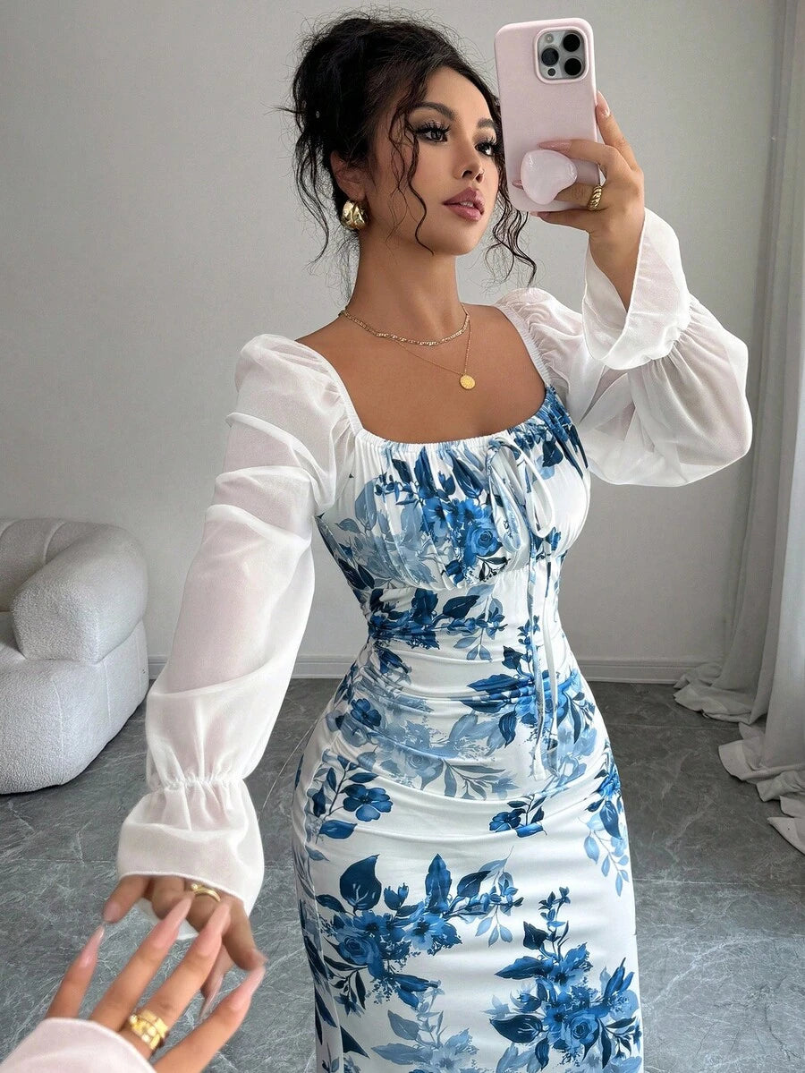 Elenzga New Women's Square Neck Tie Bow Chiffon Puff Sleeve Design Dress, Versatile For Dates, Gatherings, Daily Wear, Waist Cinching, Flattering, Elegant, Youthful, Long Dress For Spring, Summer, Autumn