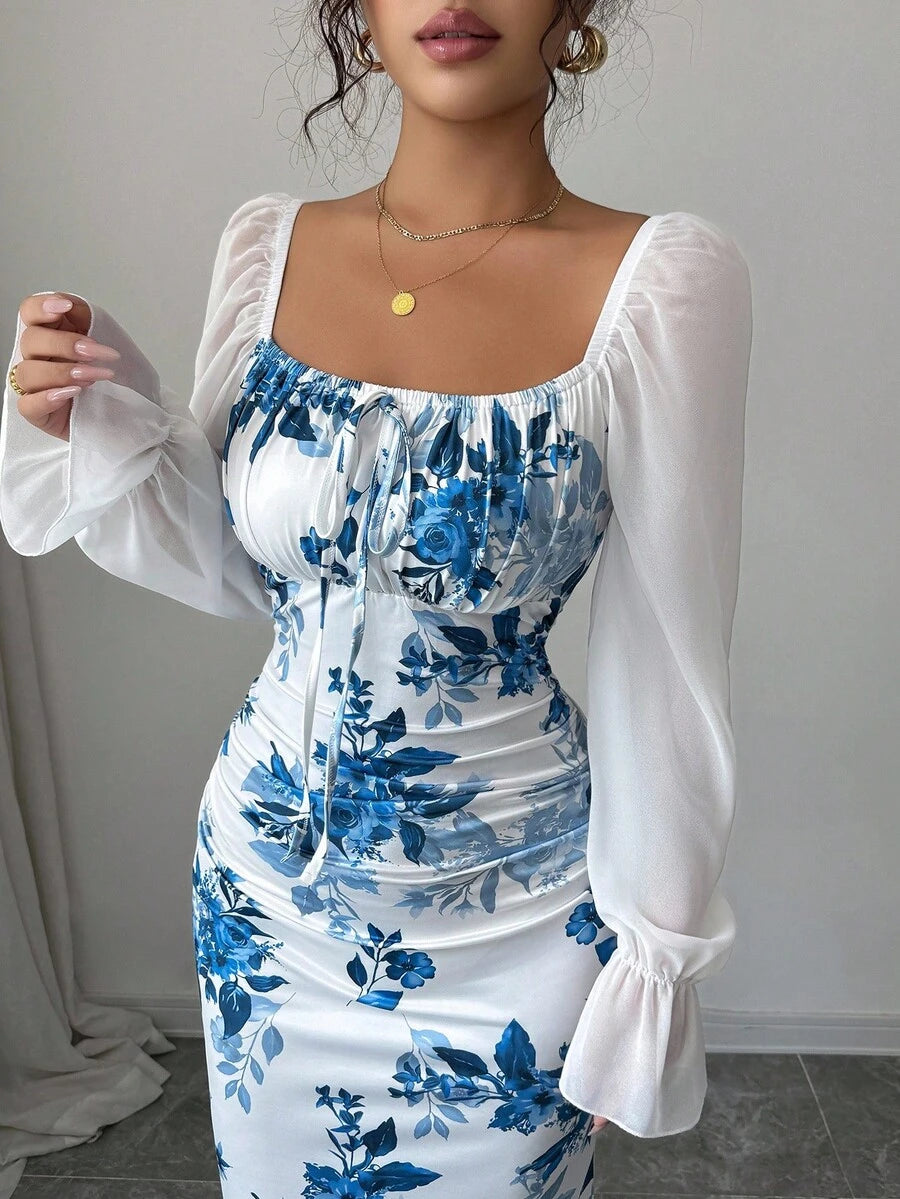 Elenzga New Women's Square Neck Tie Bow Chiffon Puff Sleeve Design Dress, Versatile For Dates, Gatherings, Daily Wear, Waist Cinching, Flattering, Elegant, Youthful, Long Dress For Spring, Summer, Autumn