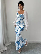 Elenzga New Women's Square Neck Tie Bow Chiffon Puff Sleeve Design Dress, Versatile For Dates, Gatherings, Daily Wear, Waist Cinching, Flattering, Elegant, Youthful, Long Dress For Spring, Summer, Autumn