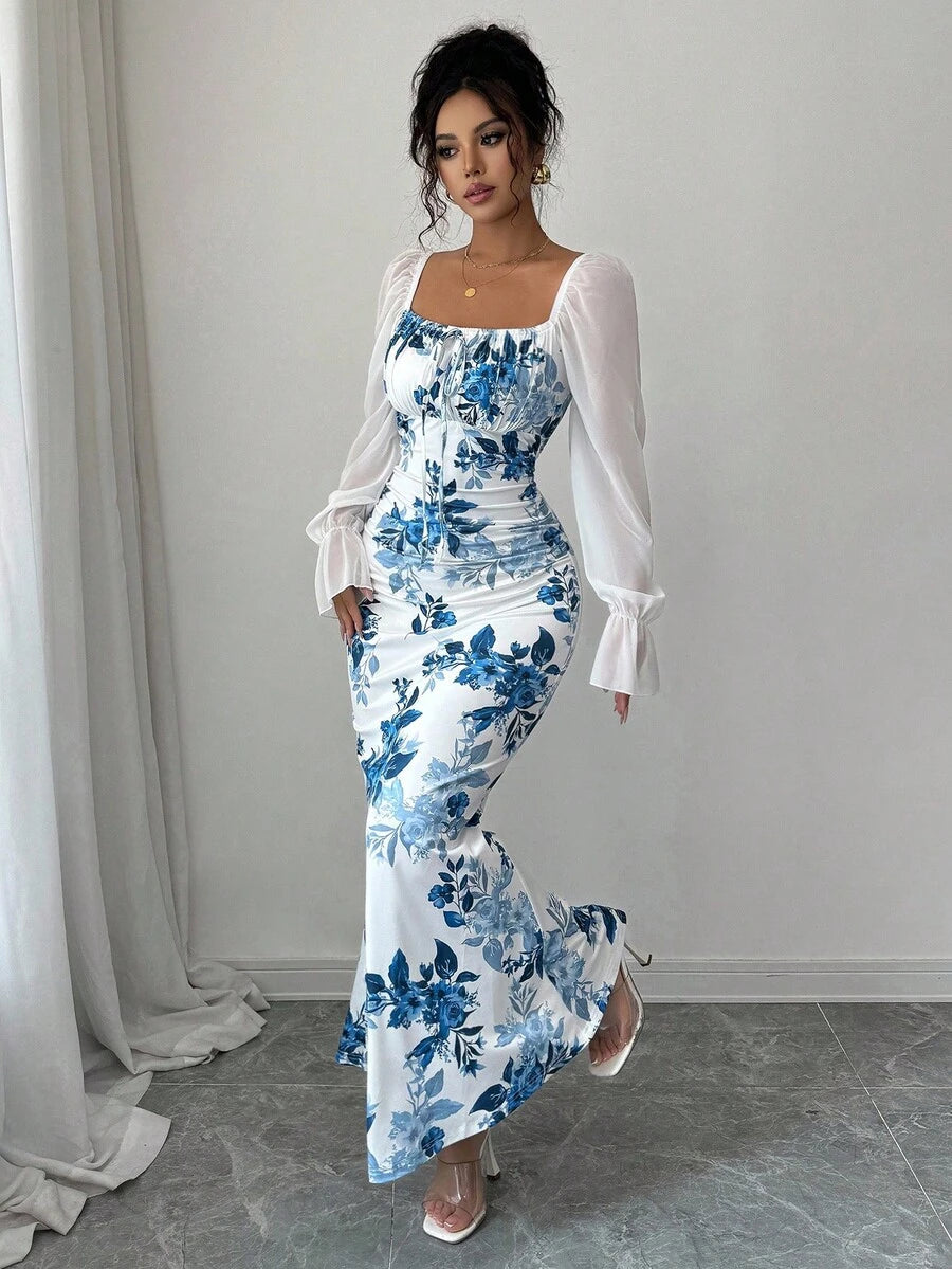 Elenzga New Women's Square Neck Tie Bow Chiffon Puff Sleeve Design Dress, Versatile For Dates, Gatherings, Daily Wear, Waist Cinching, Flattering, Elegant, Youthful, Long Dress For Spring, Summer, Autumn