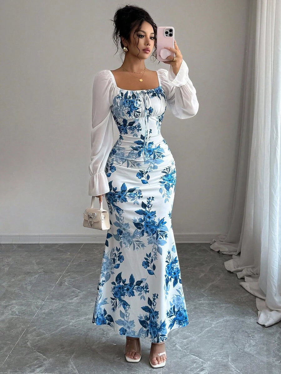 Elenzga New Women's Square Neck Tie Bow Chiffon Puff Sleeve Design Dress, Versatile For Dates, Gatherings, Daily Wear, Waist Cinching, Flattering, Elegant, Youthful, Long Dress For Spring, Summer, Autumn