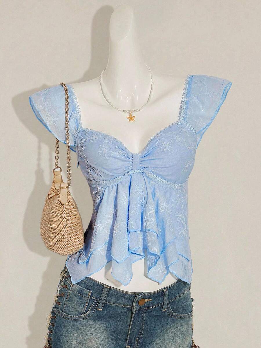 SHEIN ICON Women Ruched Front Slim-Fit Sexy Mesh Patchwork Tie Back Flutter Sleeveless Cami Top, Casual Vacation Top Ruffle Top