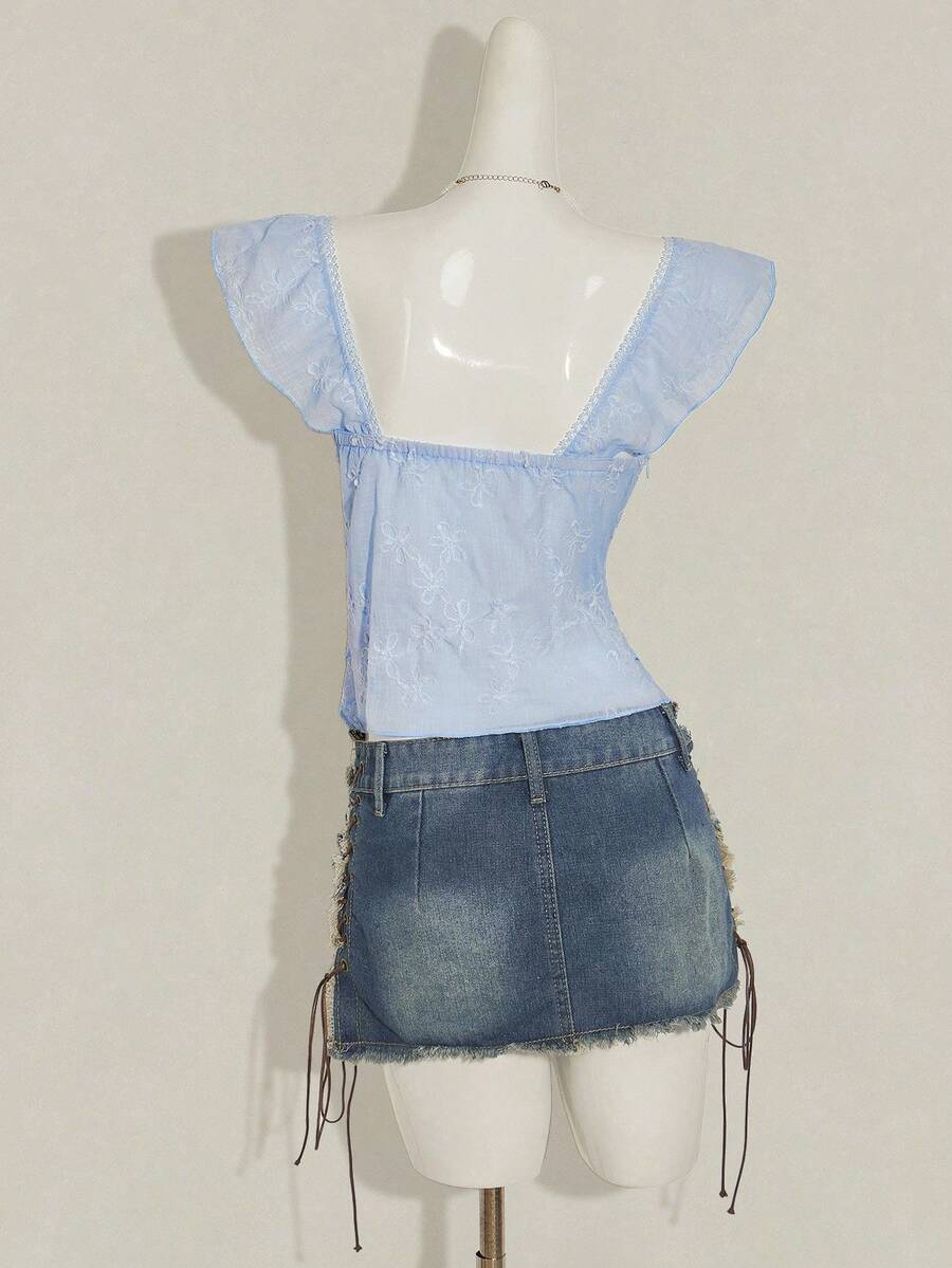 SHEIN ICON Women Ruched Front Slim-Fit Sexy Mesh Patchwork Tie Back Flutter Sleeveless Cami Top, Casual Vacation Top Ruffle Top