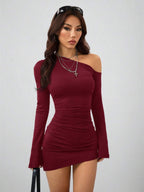 Coolane Women's Spring New Year Eve Date Night Coquette Rib Knit Ruched Asymmetrical Neck Slim Fit Skirts Mini Ruched Dresses For Elegant,Valentine's Day, Nye Outfit,Summer Dresses For Women
