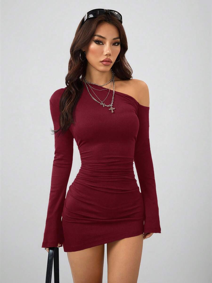 Coolane Women's Spring New Year Eve Date Night Coquette Rib Knit Ruched Asymmetrical Neck Slim Fit Skirts Mini Ruched Dresses For Elegant,Valentine's Day, Nye Outfit,Summer Dresses For Women