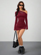 Coolane Women's Spring New Year Eve Date Night Coquette Rib Knit Ruched Asymmetrical Neck Slim Fit Skirts Mini Ruched Dresses For Elegant,Valentine's Day, Nye Outfit,Summer Dresses For Women
