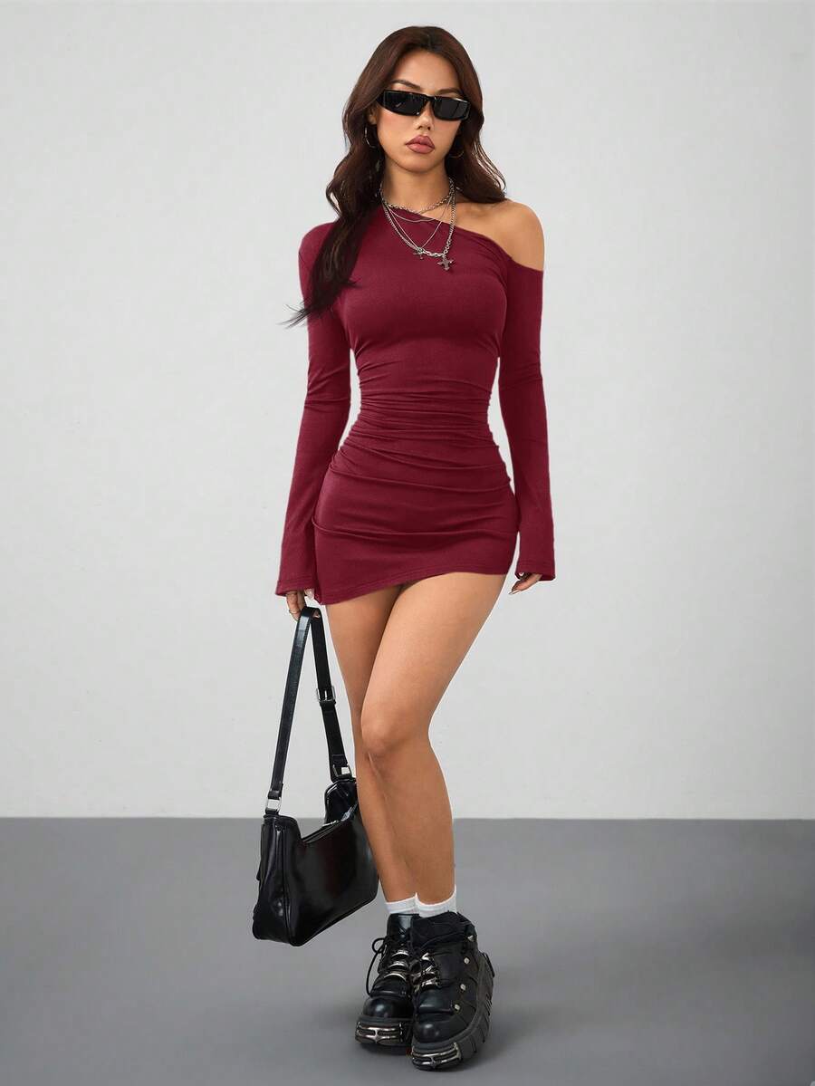 Coolane Women's Spring New Year Eve Date Night Coquette Rib Knit Ruched Asymmetrical Neck Slim Fit Skirts Mini Ruched Dresses For Elegant,Valentine's Day, Nye Outfit,Summer Dresses For Women