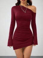 Coolane Women's Spring New Year Eve Date Night Coquette Rib Knit Ruched Asymmetrical Neck Slim Fit Skirts Mini Ruched Dresses For Elegant,Valentine's Day, Nye Outfit,Summer Dresses For Women