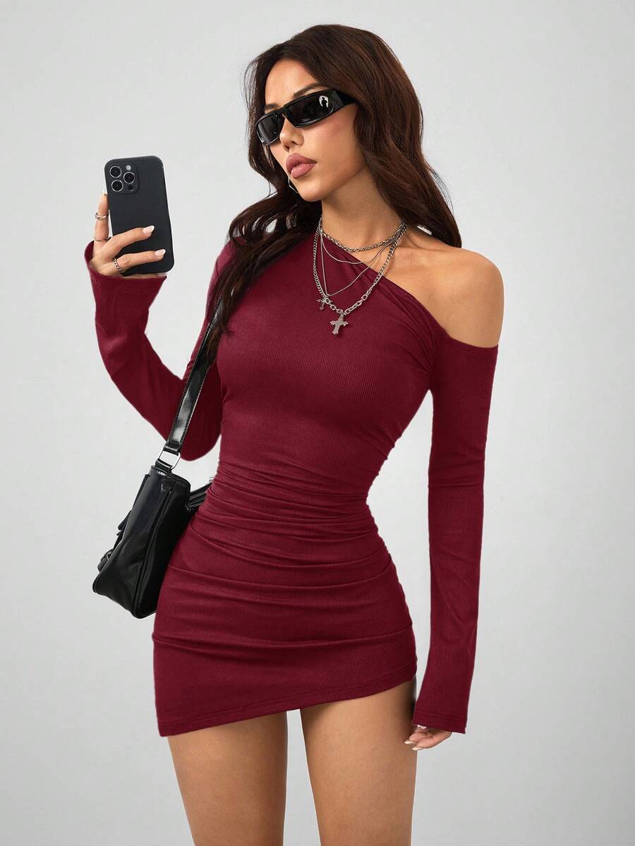 Coolane Women's Spring New Year Eve Date Night Coquette Rib Knit Ruched Asymmetrical Neck Slim Fit Skirts Mini Ruched Dresses For Elegant,Valentine's Day, Nye Outfit,Summer Dresses For Women