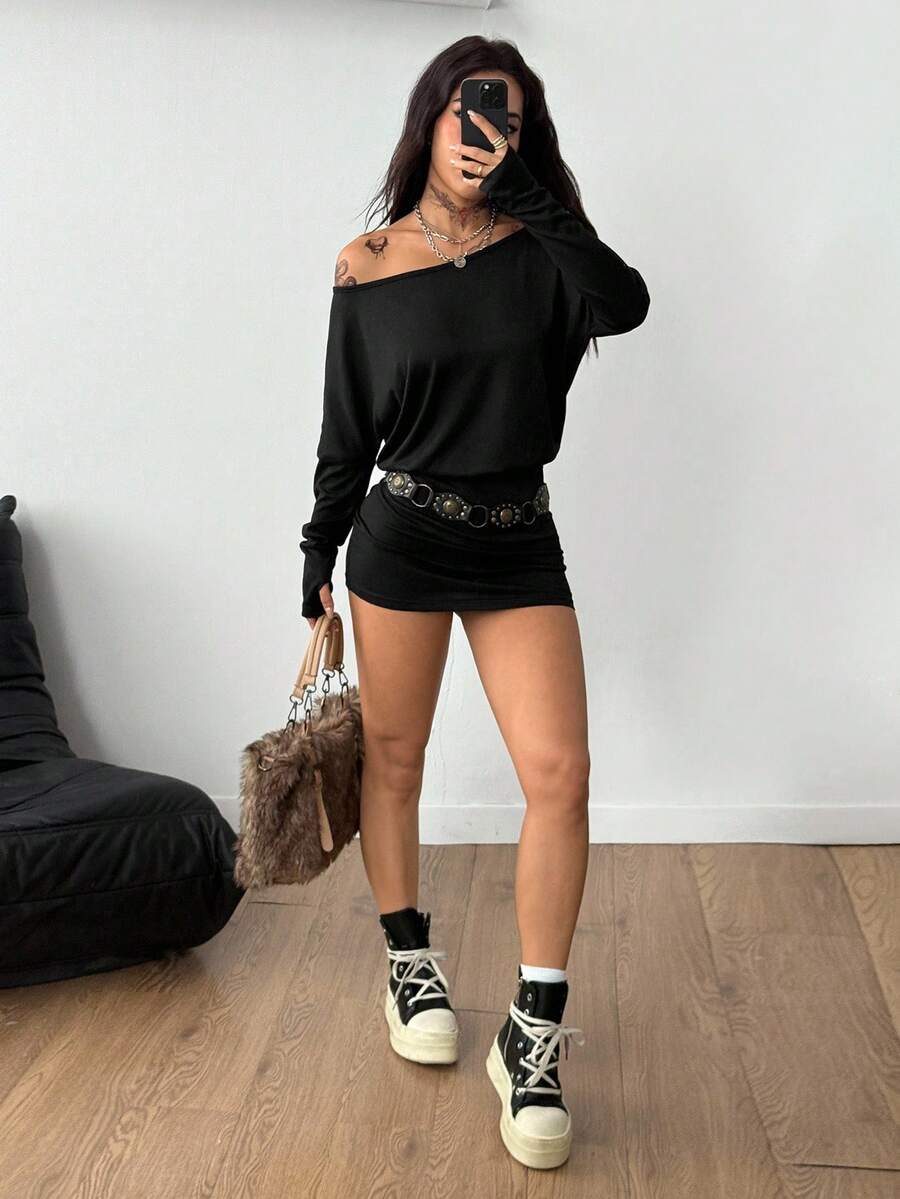 Coolane Women's Fall Y2K Basic Daily Wear Casual Black Knit Asymmetrical Shoulder Batwing Sleeve Beltless Mini Dress
