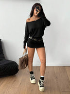 Coolane Women's Fall Y2K Basic Daily Wear Casual Black Knit Asymmetrical Shoulder Batwing Sleeve Beltless Mini Dress