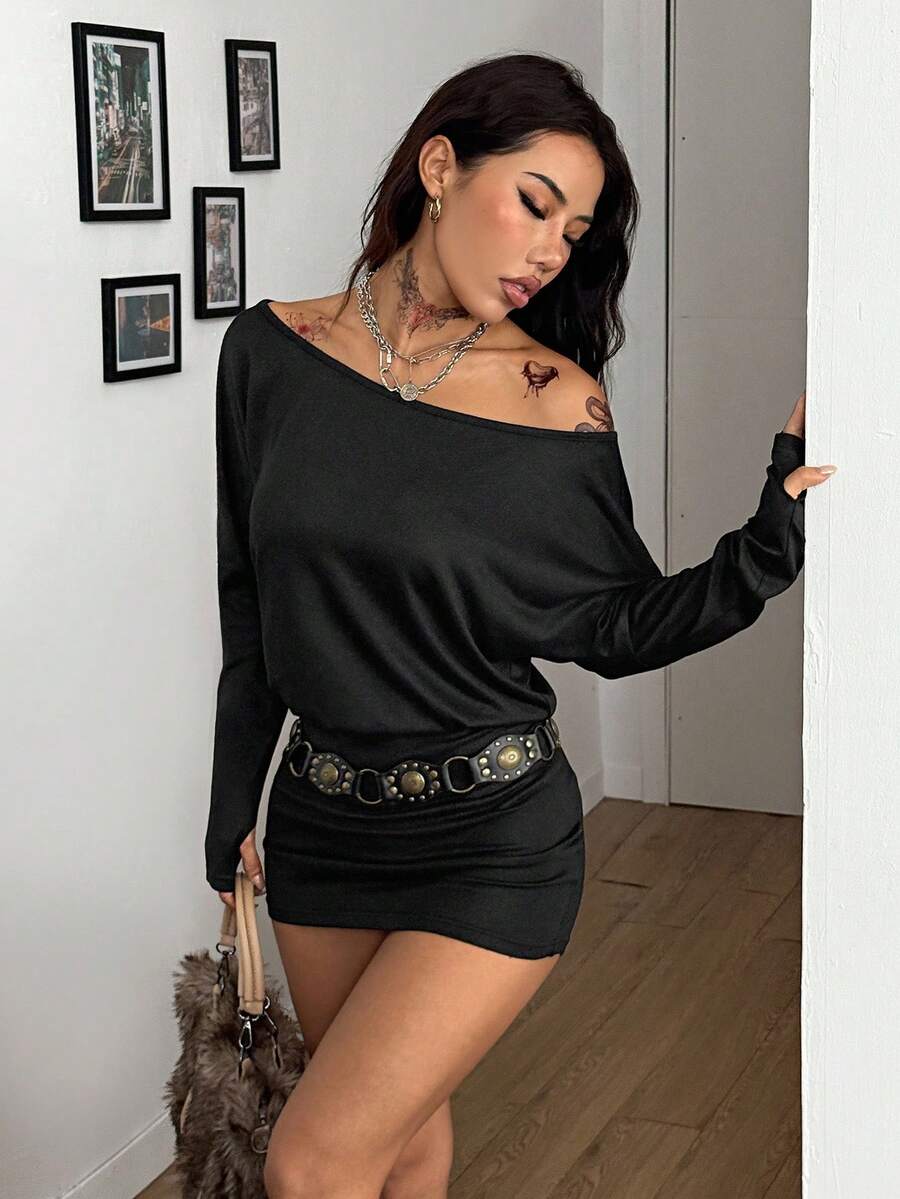 Coolane Women's Fall Y2K Basic Daily Wear Casual Black Knit Asymmetrical Shoulder Batwing Sleeve Beltless Mini Dress