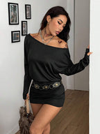 Coolane Women's Fall Y2K Basic Daily Wear Casual Black Knit Asymmetrical Shoulder Batwing Sleeve Beltless Mini Dress