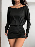 Coolane Women's Fall Y2K Basic Daily Wear Casual Black Knit Asymmetrical Shoulder Batwing Sleeve Beltless Mini Dress