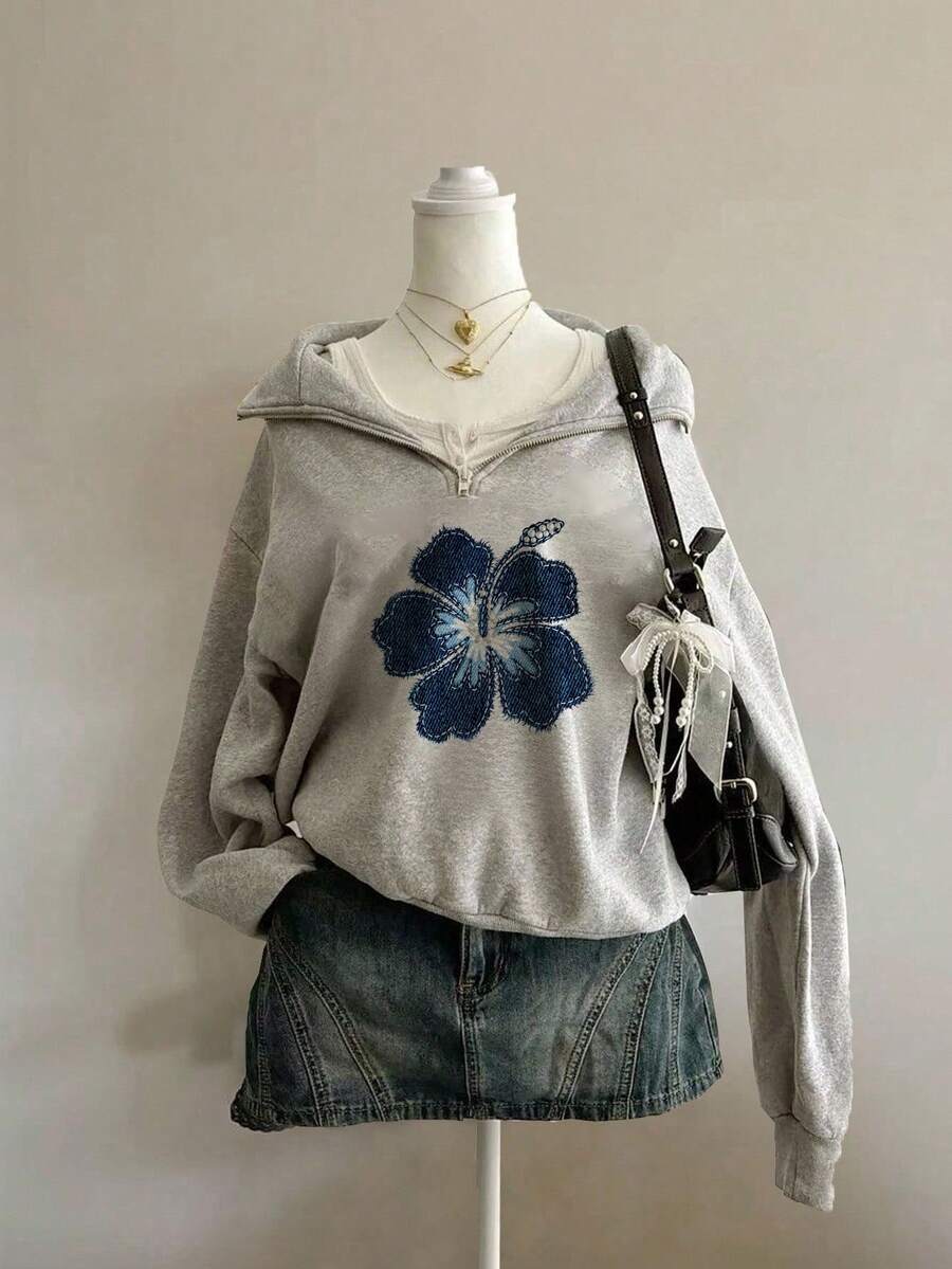 Attitoon Women's Loose Half-Zip Hibiscus Flower Print Chic Turtleneck Fleece Sweatshirt, Suitable For Autumn/Winter, Street, Outgoing, And Airport Wear,Fall