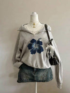 Attitoon Women's Loose Half-Zip Hibiscus Flower Print Chic Turtleneck Fleece Sweatshirt, Suitable For Autumn/Winter, Street, Outgoing, And Airport Wear,Fall