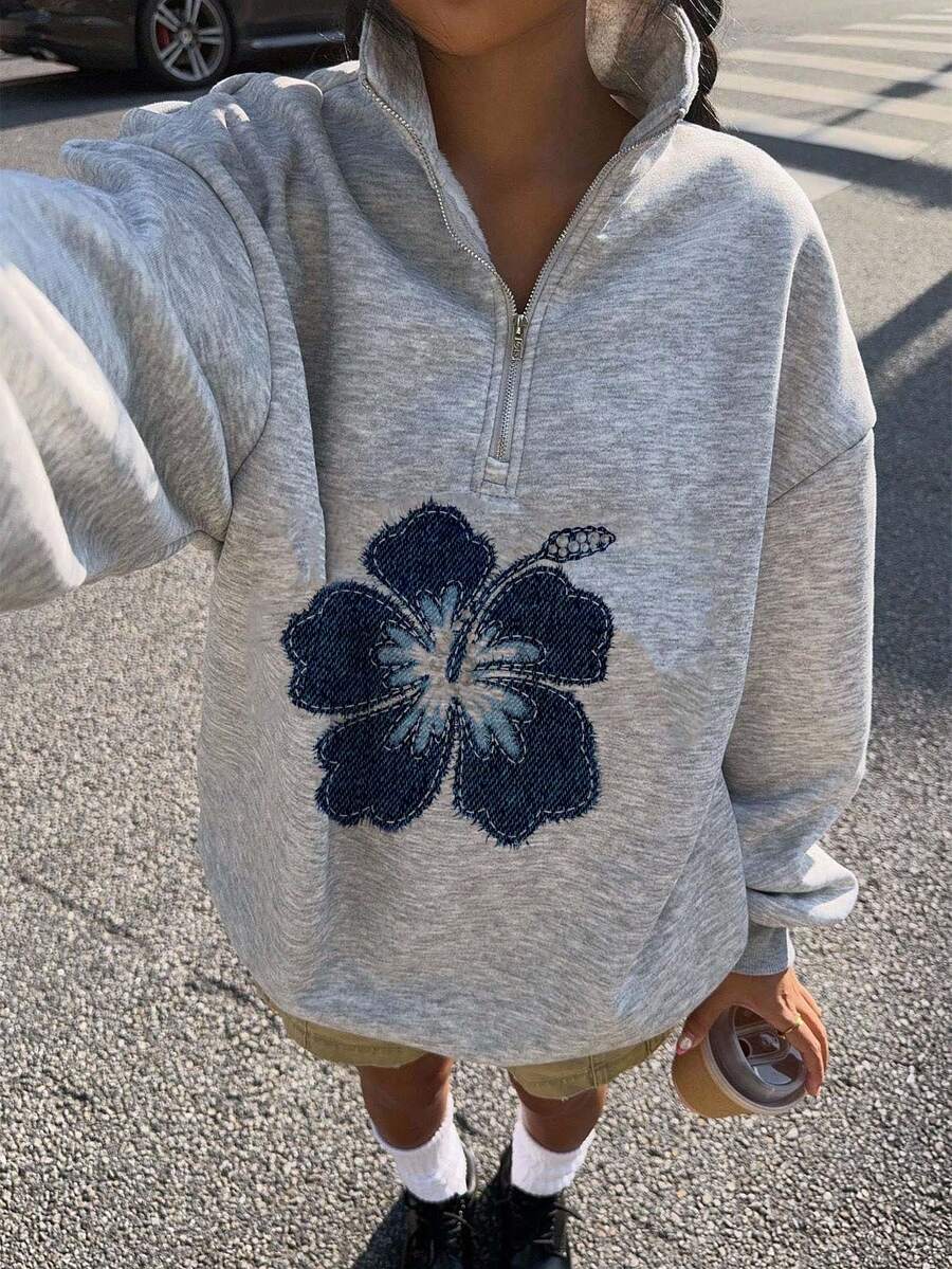 Attitoon Women's Loose Half-Zip Hibiscus Flower Print Chic Turtleneck Fleece Sweatshirt, Suitable For Autumn/Winter, Street, Outgoing, And Airport Wear,Fall