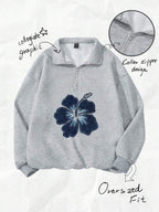 Attitoon Women's Loose Half-Zip Hibiscus Flower Print Chic Turtleneck Fleece Sweatshirt, Suitable For Autumn/Winter, Street, Outgoing, And Airport Wear,Fall