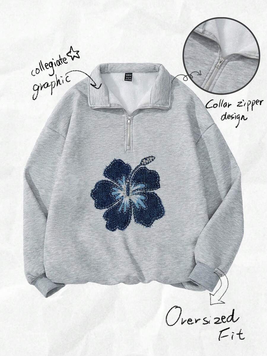 Attitoon Women's Loose Half-Zip Hibiscus Flower Print Chic Turtleneck Fleece Sweatshirt, Suitable For Autumn/Winter, Street, Outgoing, And Airport Wear,Fall