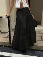 MainGRL Women Solid Color High Waist Tie Ruffled Hem Maxi Skirt