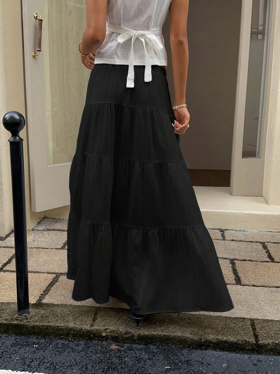 MainGRL Women Solid Color High Waist Tie Ruffled Hem Maxi Skirt
