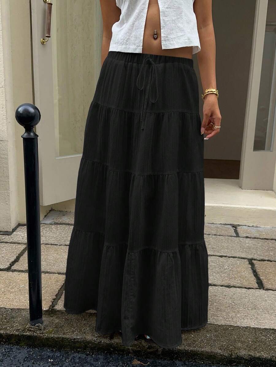 MainGRL Women Solid Color High Waist Tie Ruffled Hem Maxi Skirt