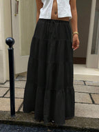 MainGRL Women Solid Color High Waist Tie Ruffled Hem Maxi Skirt