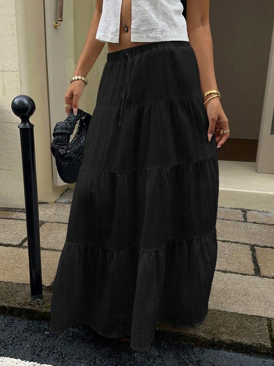 MainGRL Women Solid Color High Waist Tie Ruffled Hem Maxi Skirt
