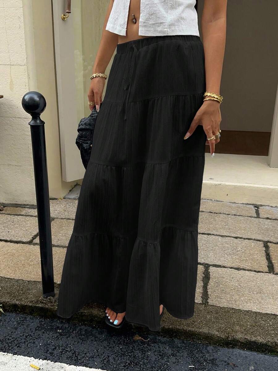 MainGRL Women Solid Color High Waist Tie Ruffled Hem Maxi Skirt