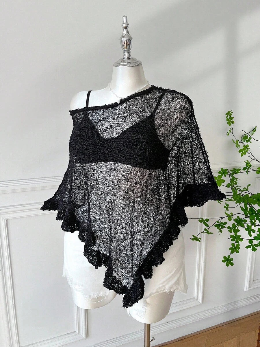 Comfortcana Plus Size Women Casual Ruffled Hem Semi-Sheer Crochet Poncho Sweater, Suitable For Summer Outings And Dates