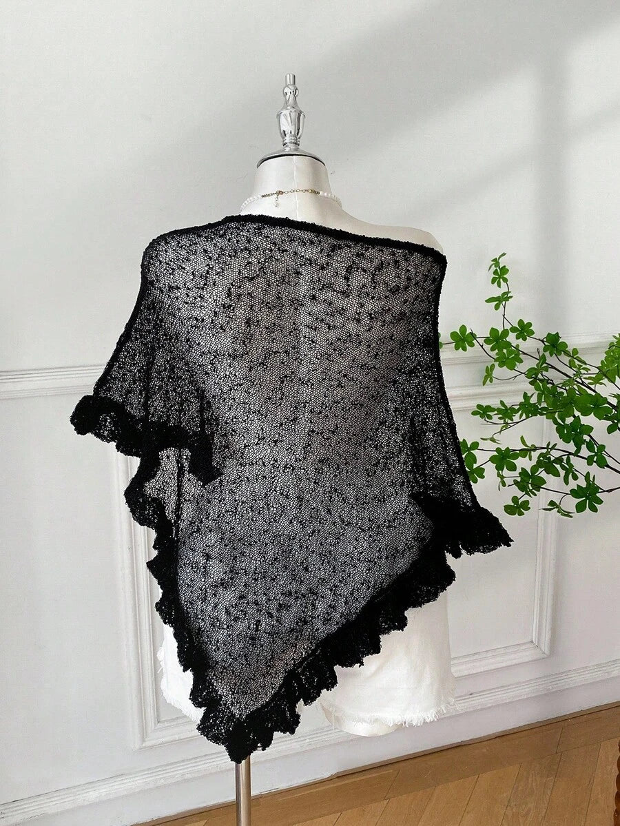 Comfortcana Plus Size Women Casual Ruffled Hem Semi-Sheer Crochet Poncho Sweater, Suitable For Summer Outings And Dates