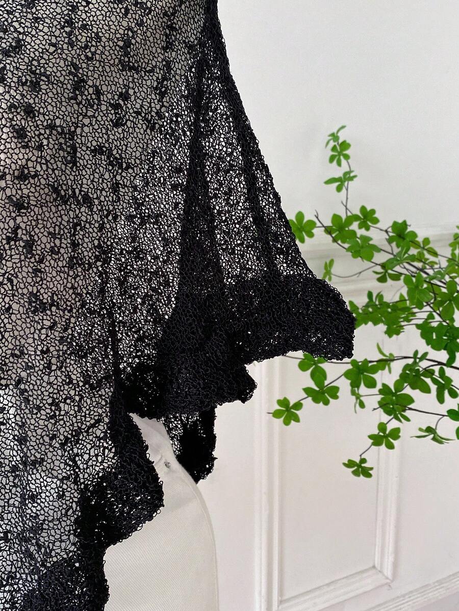 Comfortcana Plus Size Women Casual Ruffled Hem Semi-Sheer Crochet Poncho Sweater, Suitable For Summer Outings And Dates