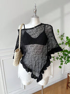Comfortcana Plus Size Women Casual Ruffled Hem Semi-Sheer Crochet Poncho Sweater, Suitable For Summer Outings And Dates
