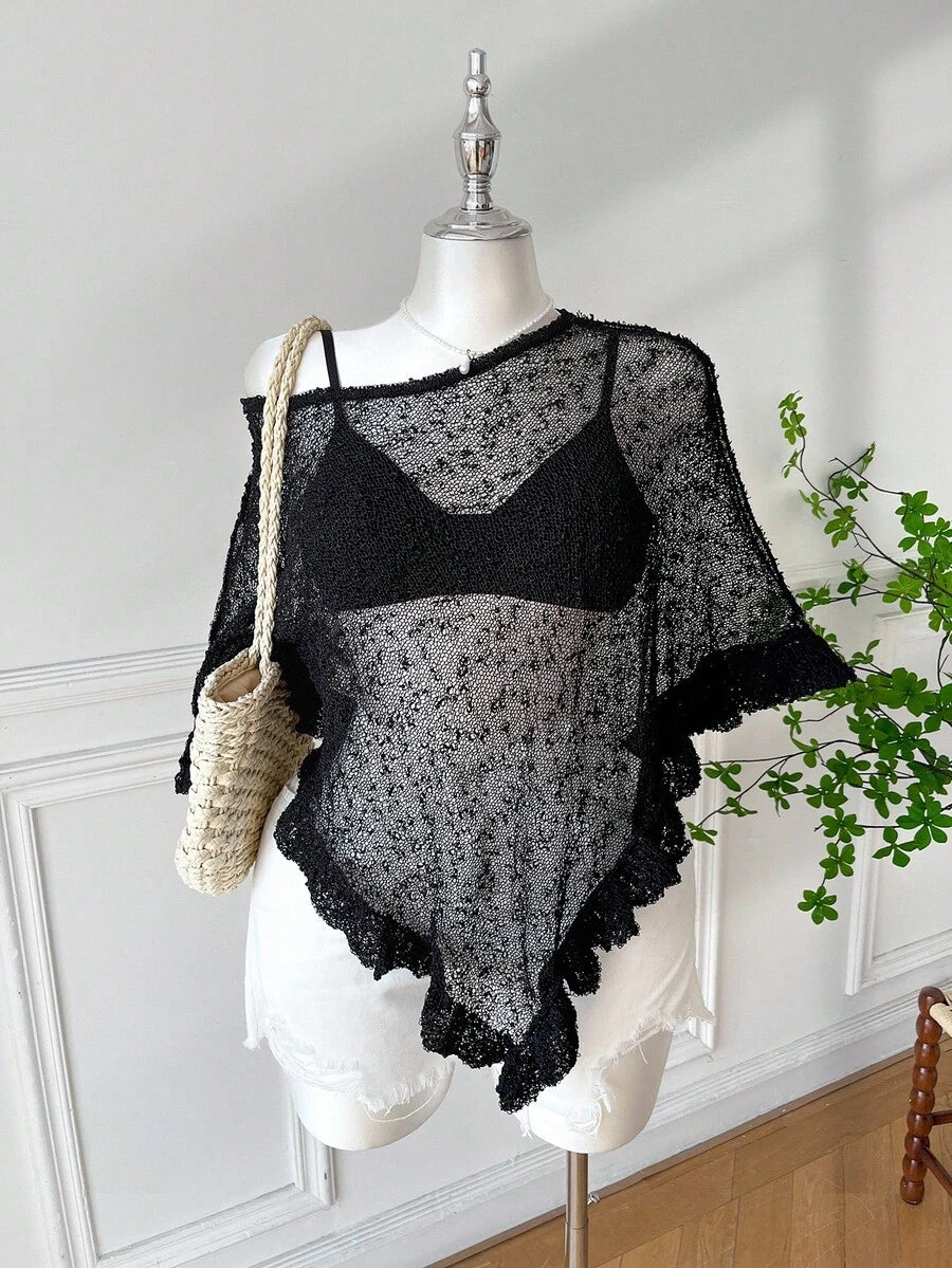 Comfortcana Plus Size Women Casual Ruffled Hem Semi-Sheer Crochet Poncho Sweater, Suitable For Summer Outings And Dates