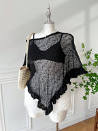 Comfortcana Plus Size Women Casual Ruffled Hem Semi-Sheer Crochet Poncho Sweater, Suitable For Summer Outings And Dates