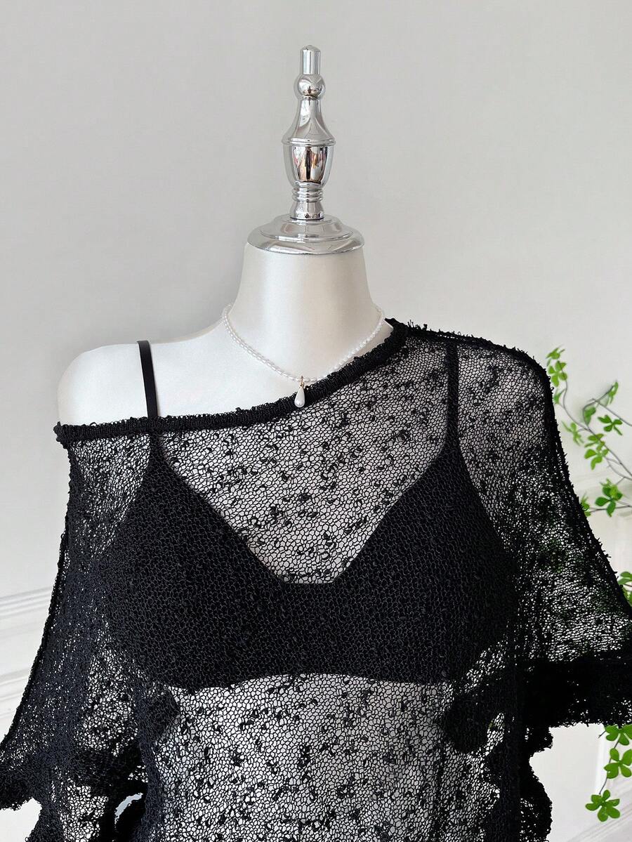 Comfortcana Plus Size Women Casual Ruffled Hem Semi-Sheer Crochet Poncho Sweater, Suitable For Summer Outings And Dates