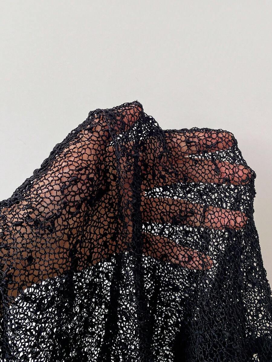 Comfortcana Plus Size Women Casual Ruffled Hem Semi-Sheer Crochet Poncho Sweater, Suitable For Summer Outings And Dates