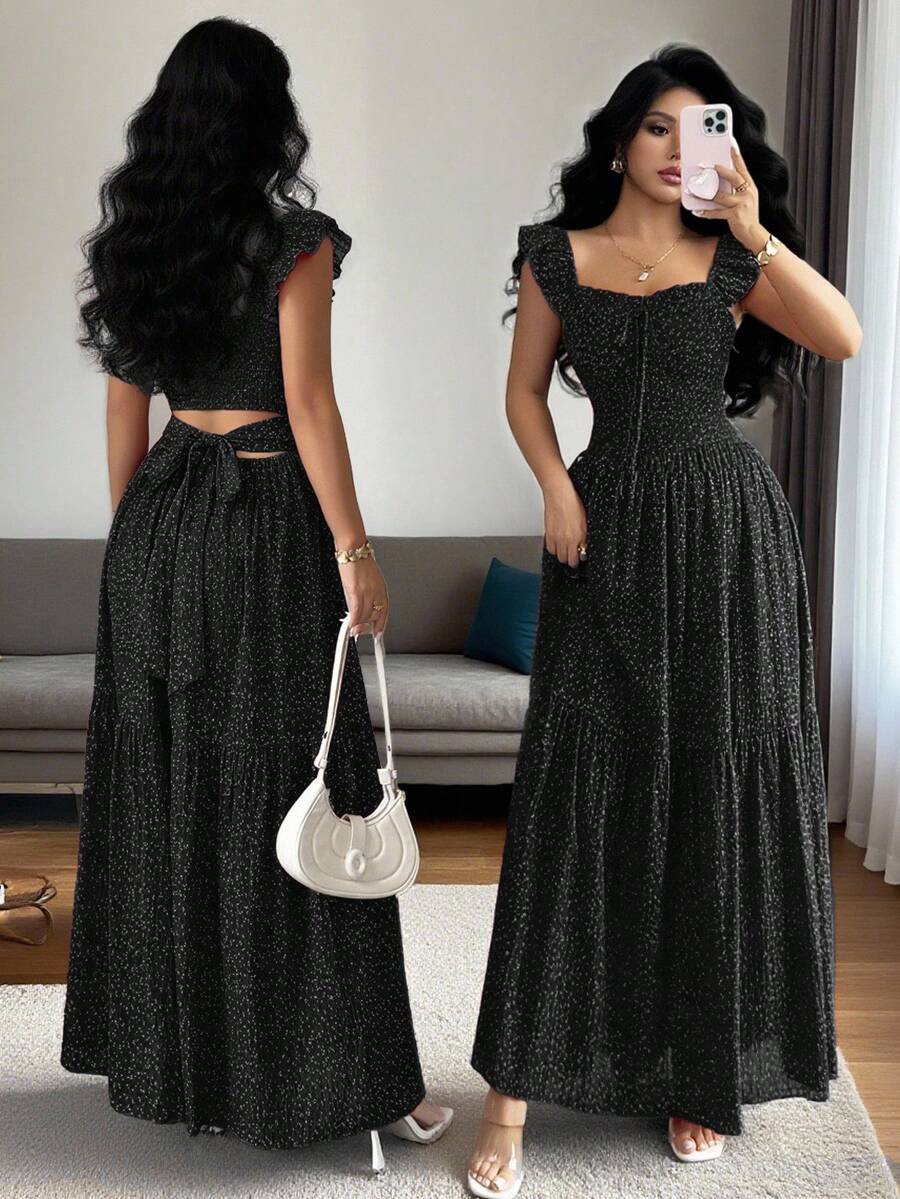Selianne French Elegant Casual Vacation Square Neck Lotus Leaf Flying Sleeves Polka Dot Print Texture Plaid Woven Chiffon Material Back Tie Pleated Large Skirt Spring And Summer Red Women Dress Summer Summer Women Skirt Long Skirt Vacation Dress Women Polka Dot Dress Elegant Women Dress Women Summer Dress Red Dress Flowing Skirt Summer Dress