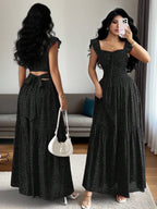 Selianne French Elegant Casual Vacation Square Neck Lotus Leaf Flying Sleeves Polka Dot Print Texture Plaid Woven Chiffon Material Back Tie Pleated Large Skirt Spring And Summer Red Women Dress Summer Summer Women Skirt Long Skirt Vacation Dress Women Polka Dot Dress Elegant Women Dress Women Summer Dress Red Dress Flowing Skirt Summer Dress