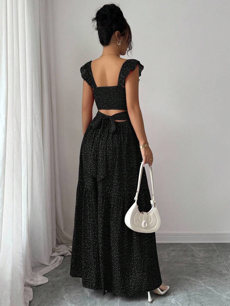 Selianne French Elegant Casual Vacation Square Neck Lotus Leaf Flying Sleeves Polka Dot Print Texture Plaid Woven Chiffon Material Back Tie Pleated Large Skirt Spring And Summer Red Women Dress Summer Summer Women Skirt Long Skirt Vacation Dress Women Polka Dot Dress Elegant Women Dress Women Summer Dress Red Dress Flowing Skirt Summer Dress