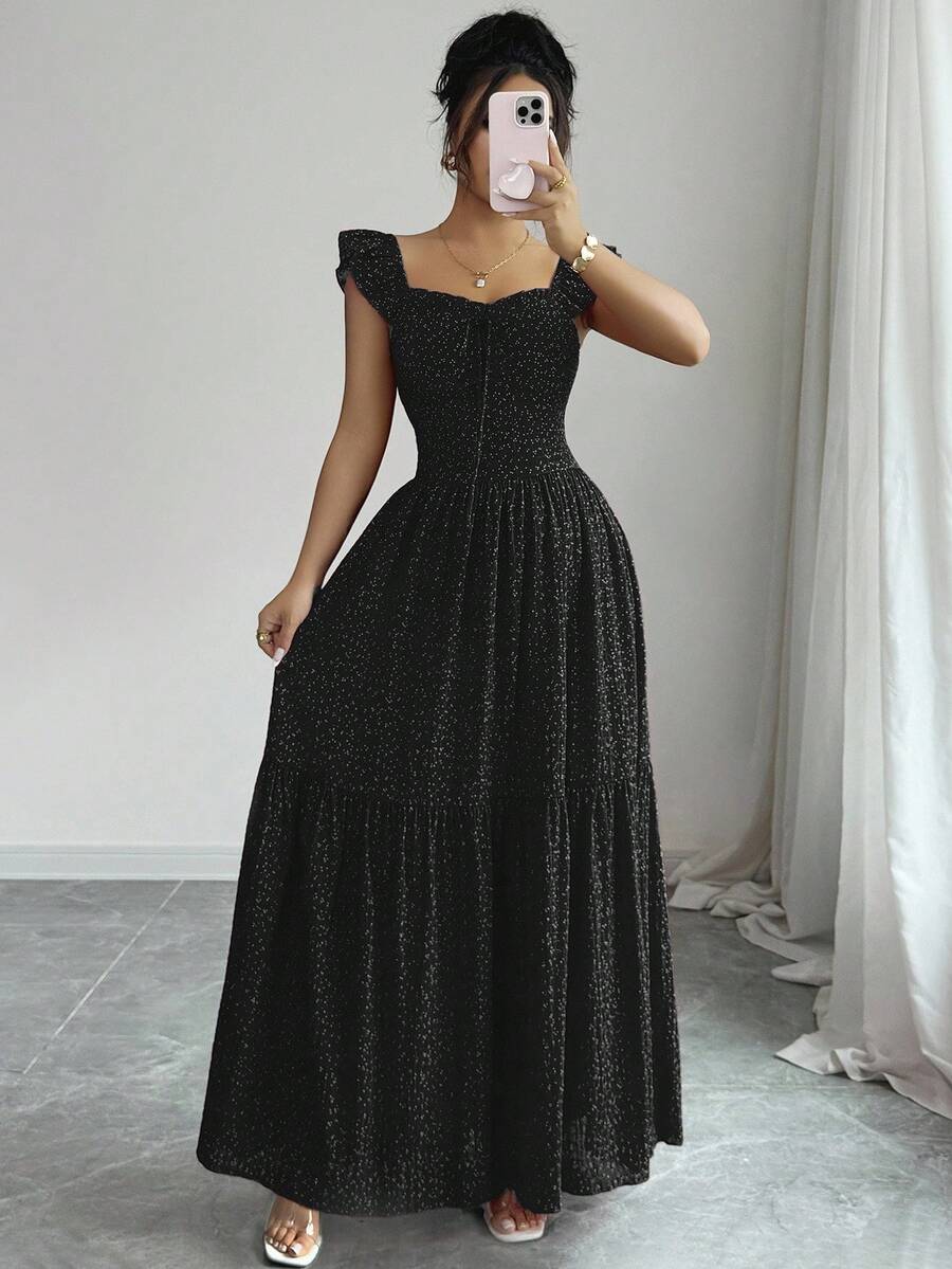 Selianne French Elegant Casual Vacation Square Neck Lotus Leaf Flying Sleeves Polka Dot Print Texture Plaid Woven Chiffon Material Back Tie Pleated Large Skirt Spring And Summer Red Women Dress Summer Summer Women Skirt Long Skirt Vacation Dress Women Polka Dot Dress Elegant Women Dress Women Summer Dress Red Dress Flowing Skirt Summer Dress